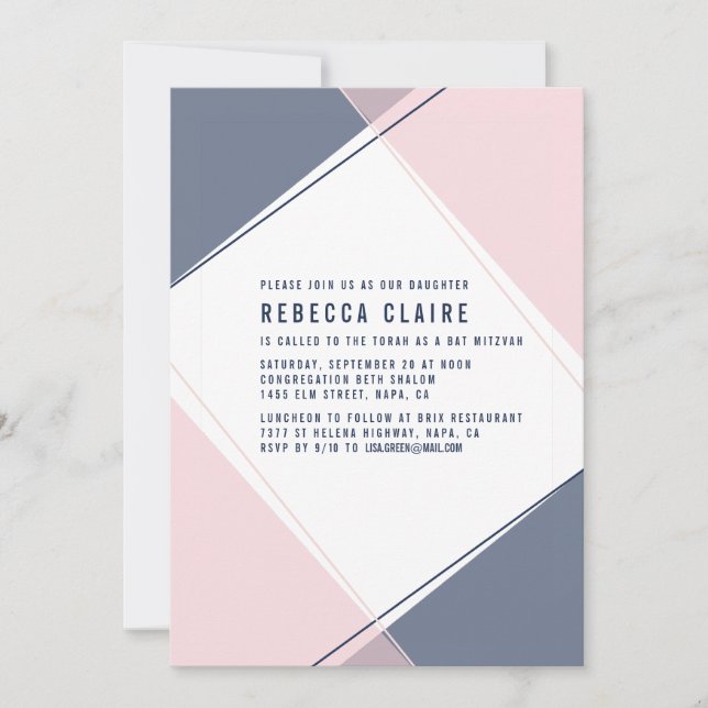 Modern Gem Blush and Navy Bat Mitzvah Invitation (Front)
