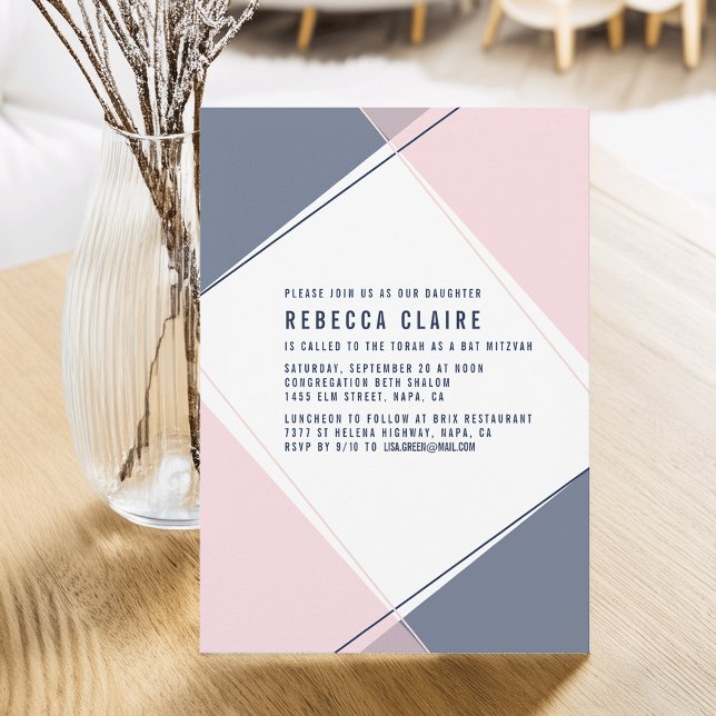 Modern Gem Blush and Navy Bat Mitzvah Invitation (Creator Uploaded)