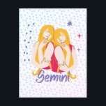 Modern Gemini Twins Zodiac  Postcard<br><div class="desc">Modern astrological design features set of twin women with gold hair on starry background,  representing the Zodiac's Gemini twins.  Gemini is the sign for those born between  May 21 - June 20.</div>