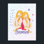 Modern Gemini Twins Zodiac  Postcard<br><div class="desc">Modern astrological design features set of twin women with gold hair on starry background,  representing the Zodiac's Gemini twins.  Gemini is the sign for those born between  May 21 - June 20.</div>