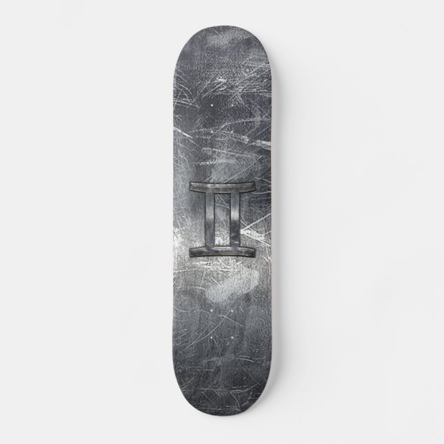 Modern Gemini Zodiac Sign Grunge Distressed Style Skateboard Deck (Front)