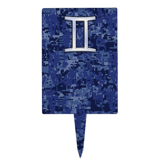 Modern Gemini Zodiac Sign Navy Blue Digital Camo Cake Topper (Front)