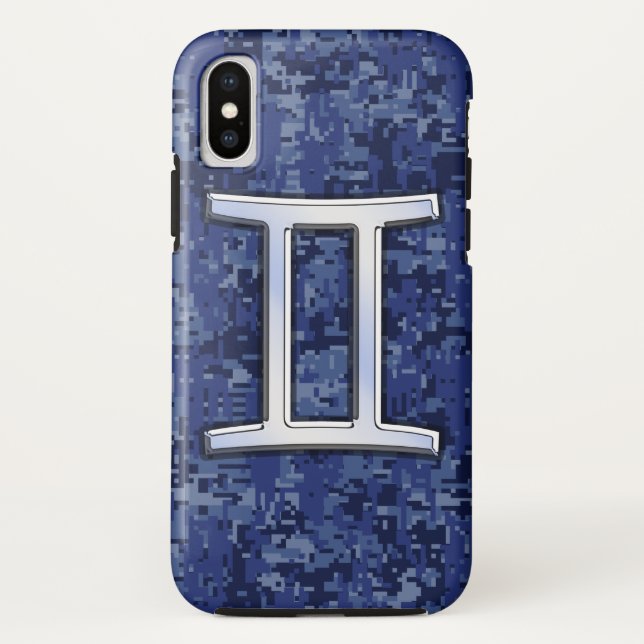 Modern Gemini Zodiac Sign Navy Blue Digital Camo Case-Mate iPhone Case (Back)
