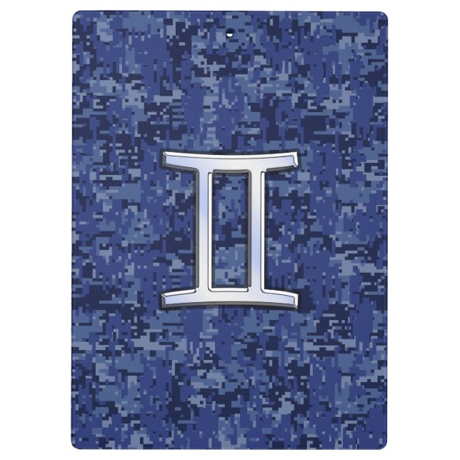 Modern Gemini Zodiac Sign Navy Blue Digital Camo Clipboard (Back)