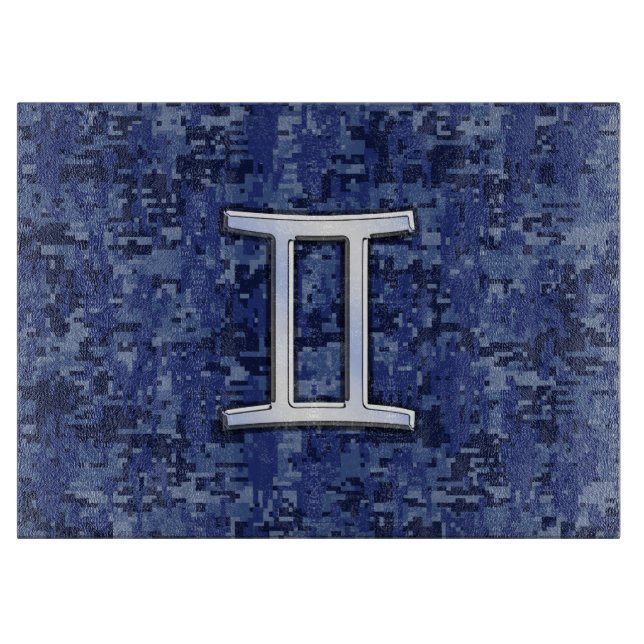 Modern Gemini Zodiac Sign Navy Blue Digital Camo Cutting Board (Front)