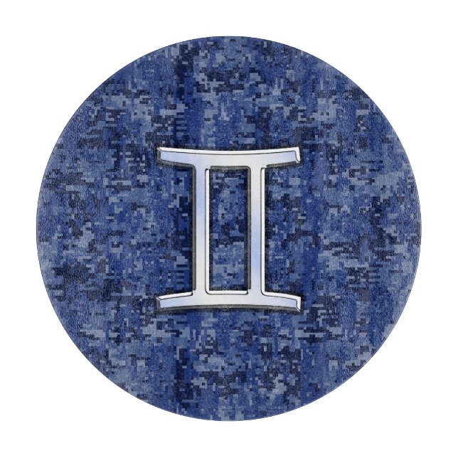 Modern Gemini Zodiac Sign Navy Blue Digital Camo Cutting Board (Front)