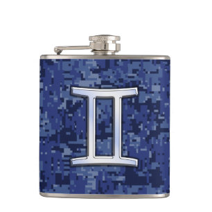 Modern Gemini Zodiac Sign Navy Blue Digital Camo Flask