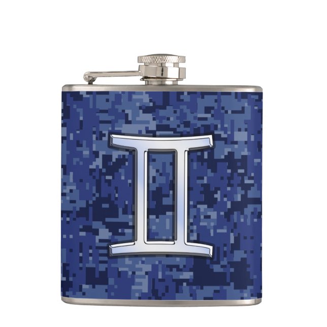 Modern Gemini Zodiac Sign Navy Blue Digital Camo Flask (Front)
