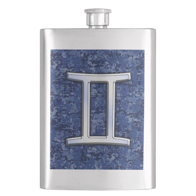 Modern Gemini Zodiac Sign Navy Blue Digital Camo Hip Flask (Front)