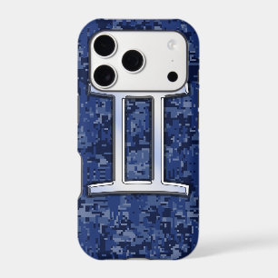 Modern Gemini Zodiac Sign Navy Blue Digital Camo iPhone 17 Pro Case