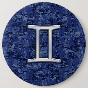 Modern Gemini Zodiac Sign Navy Blue Digital Camo Pinback Button