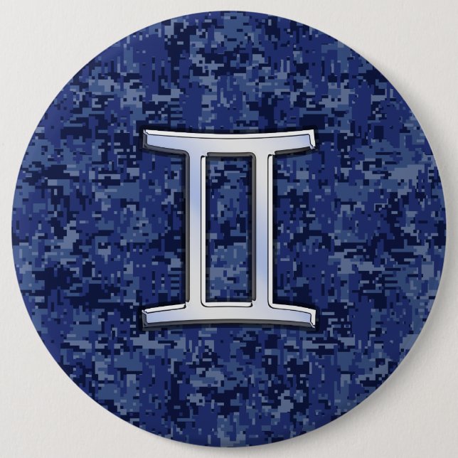 Modern Gemini Zodiac Sign Navy Blue Digital Camo Pinback Button (Front)