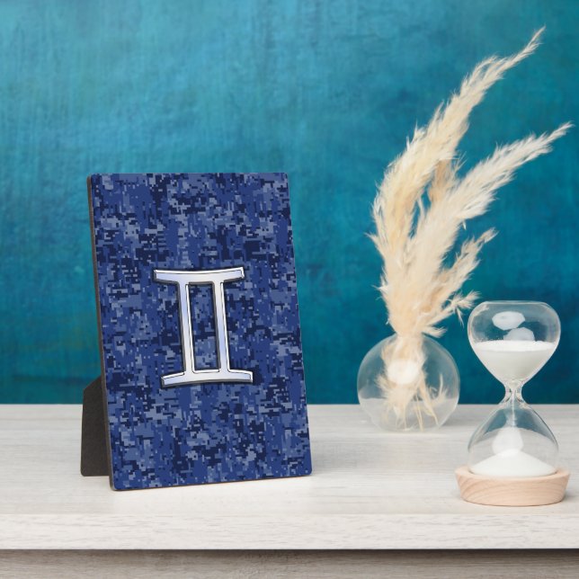 Modern Gemini Zodiac Sign Navy Blue Digital Camo Plaque (Side)
