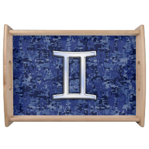 Modern Gemini Zodiac Sign Navy Blue Digital Camo Serving Tray