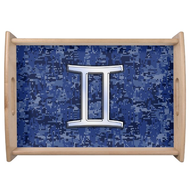 Modern Gemini Zodiac Sign Navy Blue Digital Camo Serving Tray (Front)