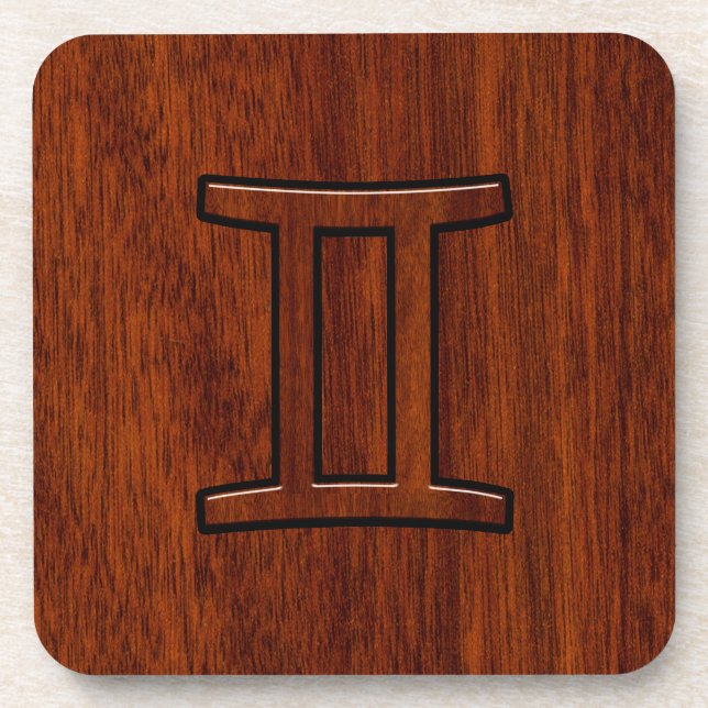 Modern Gemini Zodiac Symbol on Mahogany like print Coaster (Front)