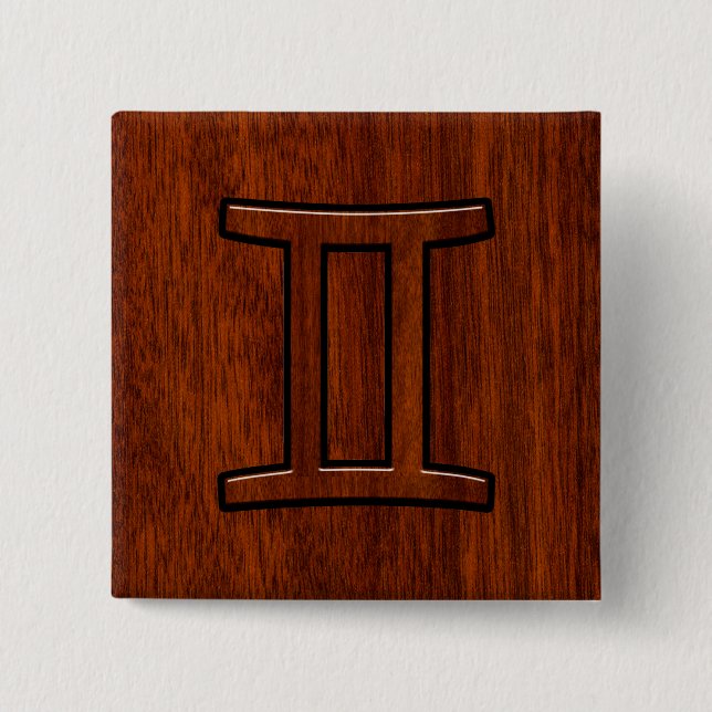 Modern Gemini Zodiac Symbol on Mahogany like print Pinback Button (Front)