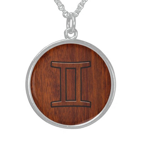 Modern Gemini Zodiac Symbol on Mahogany like print Sterling Silver Necklace