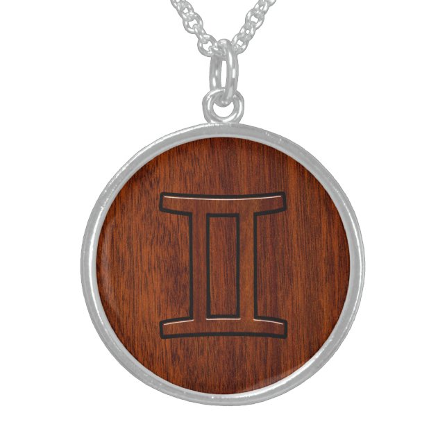 Modern Gemini Zodiac Symbol on Mahogany like print Sterling Silver Necklace (Front)