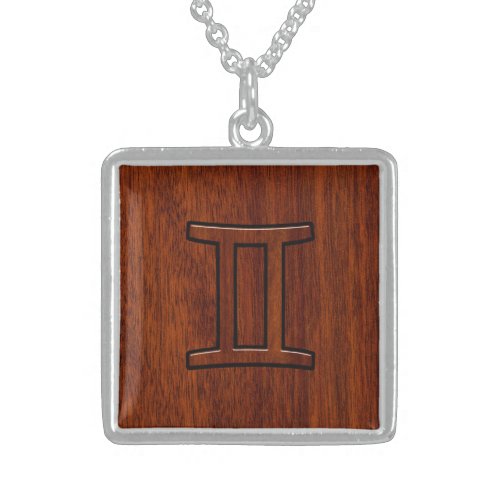 Modern Gemini Zodiac Symbol on Mahogany like print Sterling Silver Necklace