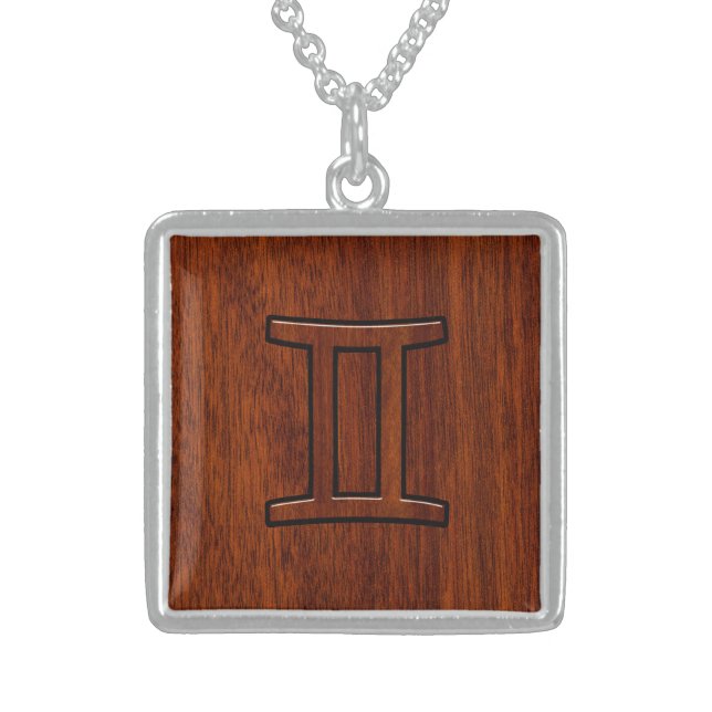 Modern Gemini Zodiac Symbol on Mahogany like print Sterling Silver Necklace (Front)