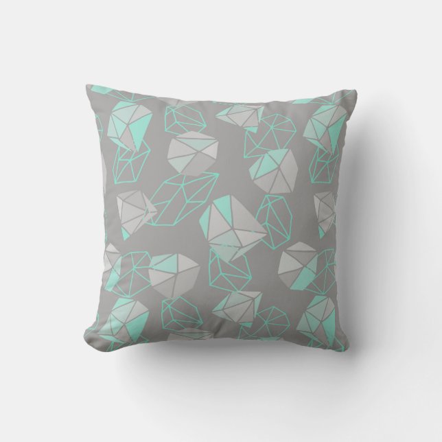 Modern Gems Pattern Gray & Aqua Throw Pillow (Front)