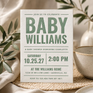 Modern Gender Neutral Baby Shower Letterpress Invitation