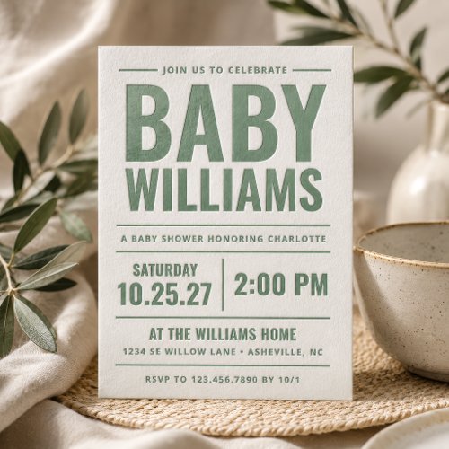 Modern  Gender Neutral Baby Shower Letterpress Invitation