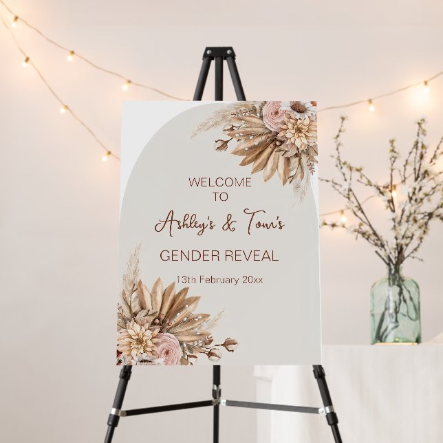Modern Gender Reveal welcome sign, Pampas Grass  Foam Board (In Situ (Stand))