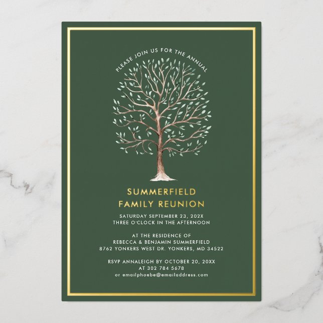 Modern Genealogy Tree Annual Family Reunion Gold Foil Invitation (Front)