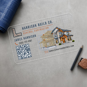 Modern General Contractor Blueprint House Clear Business Cards
