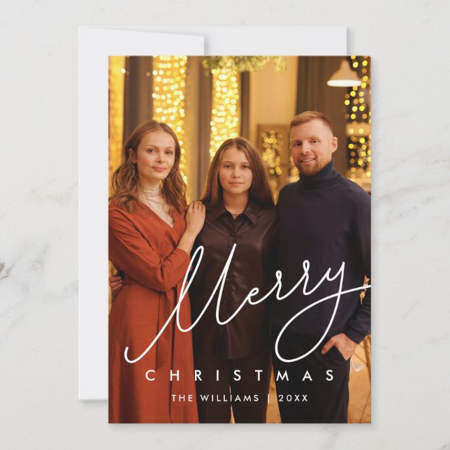 Modern Gentle Script, Merry Christmas Family Photo Holiday Card (Front)