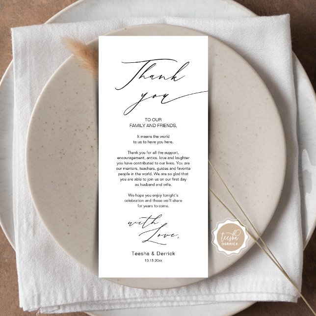 Modern Gentle Wedding Place Setting Thank You Card (Wedding Dinner Place Setting Thank You Card, in Modern Gentle Script, Black themed, Plate Decor)
