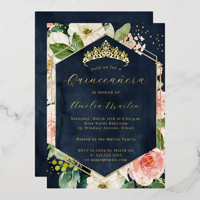 Modern Geo Blush Navy Floral Quinceanera  Foil Invitation (Front/Back)