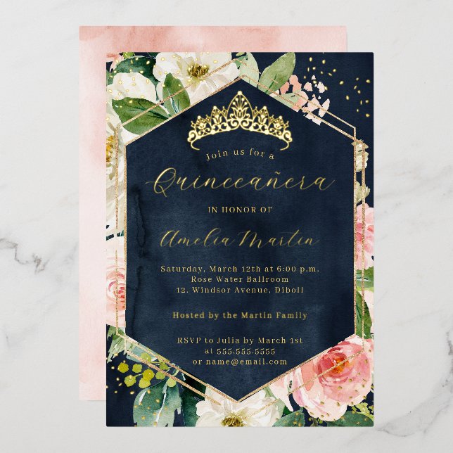 Modern Geo Navy Blush Floral Quinceanera  Foil Invitation (Front/Back)