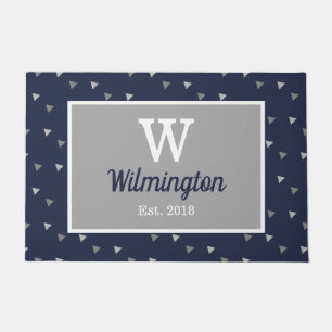 Modern Geo Triangles & Navy Blue Personalized Doormat