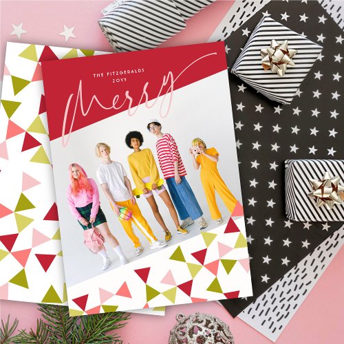 Modern Geo Triangles Pattern Cheers Script Photo Holiday Card