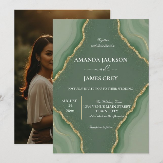 Modern Geode Photo Back Sage Green Wedding  Invitation (Front/Back)