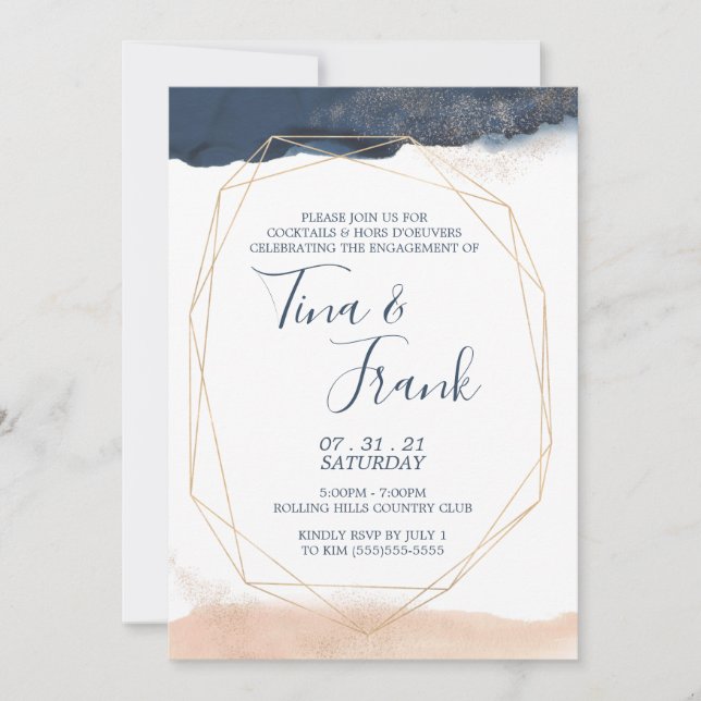 Modern Geometr Blue and Gold Engagement Invitation (Front)