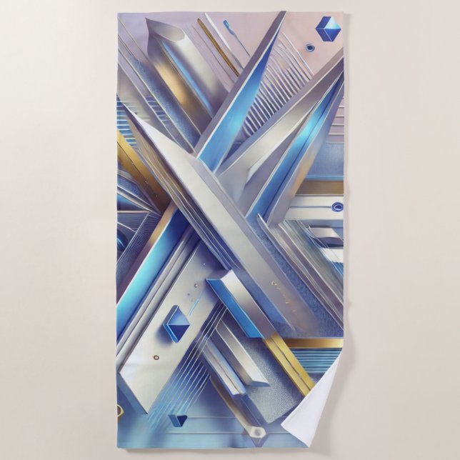 Modern Geometric Abstract Blue and Gold  Beach Towel (Front)