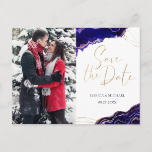 Modern Geometric Agate Blue Purple Save The Date Invitation Postcard