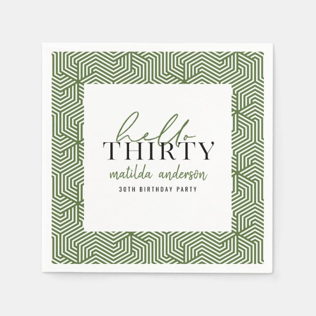 Modern geometric and script 30th birthday party napkins (Front)