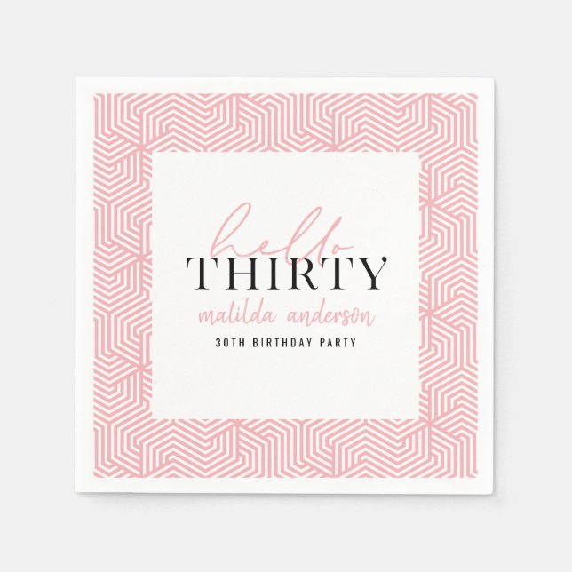 Modern geometric and script 30th birthday party napkins (Front)
