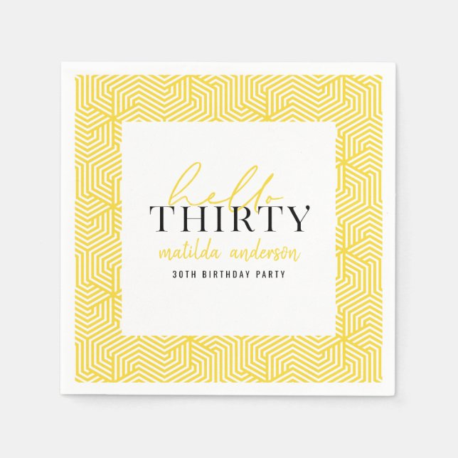 Modern geometric and script 30th birthday party napkins (Front)