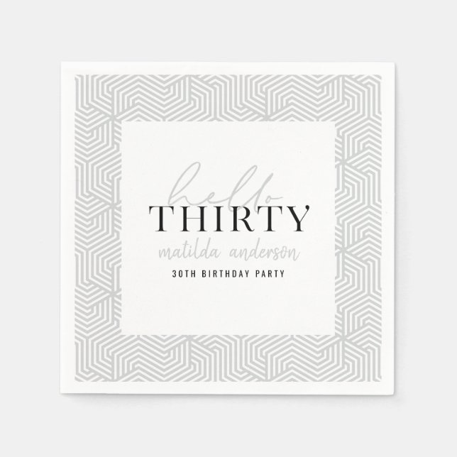 Modern geometric and script 30th birthday party napkins (Front)