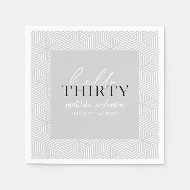Modern geometric and script 30th birthday party napkins (Front)