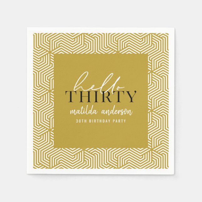 Modern geometric and script 30th birthday party napkins (Front)