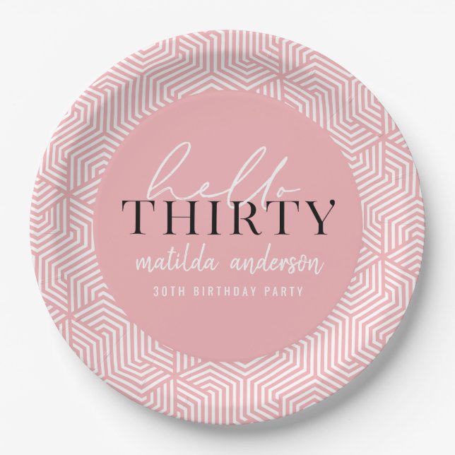 Modern geometric and script 30th birthday party paper plates (Front)