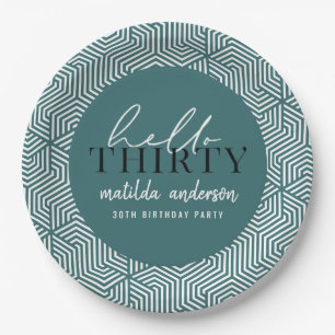 Modern geometric and script 30th birthday party paper plates