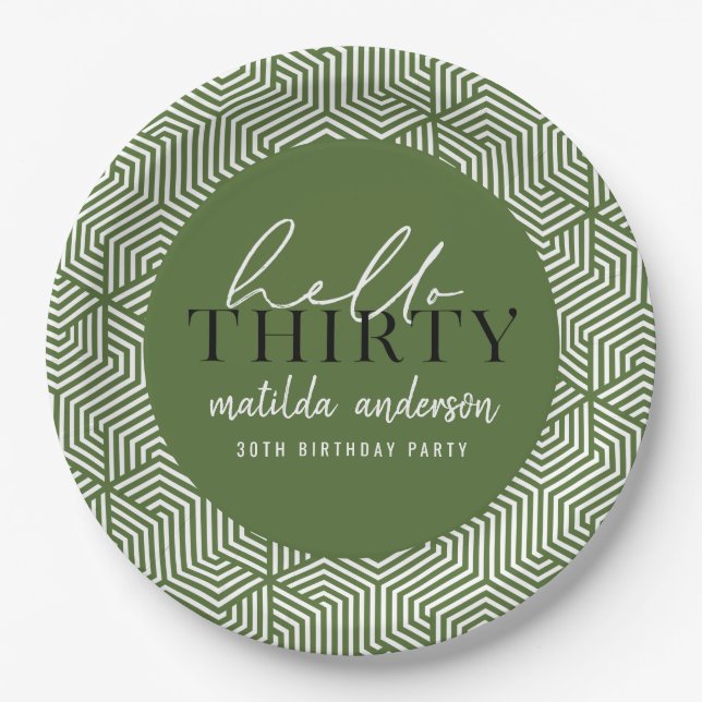 Modern geometric and script 30th birthday party paper plates (Front)